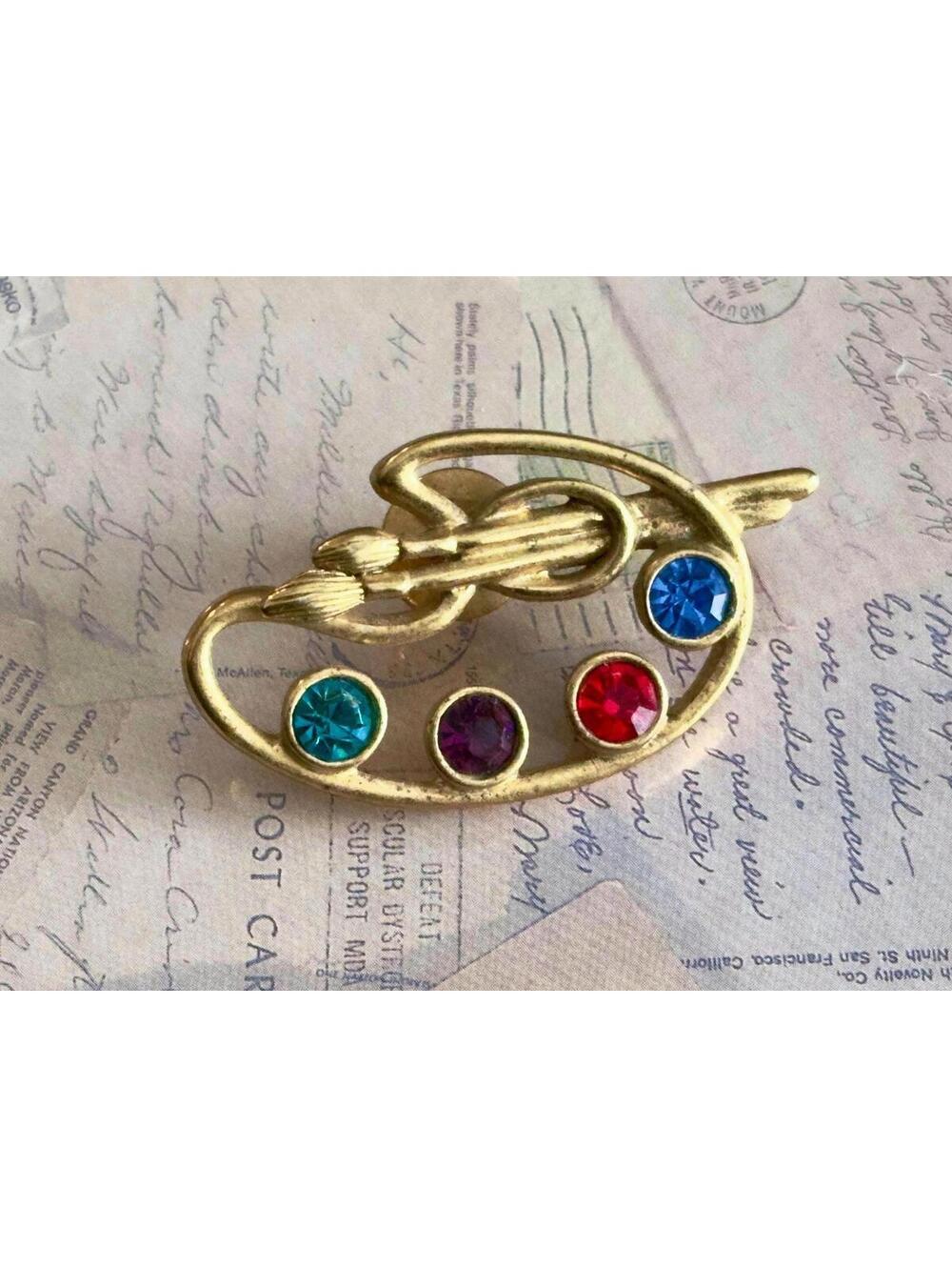Signed Vintage Gold Tone Painter’s Palette Brooch with Multicolor Rhinestones